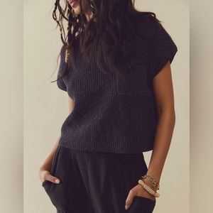 Free People Charcoal Ribbed Short-Sleeve Knit Top